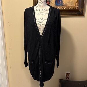Badgley Mischka Silk Cashmere blend Long Bugle bead front & metallic trim Cardi